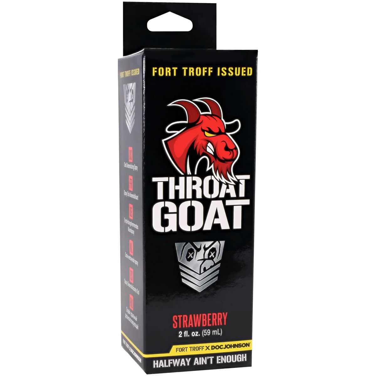 Throat Goat Strawberry deep throat desensitizing spray in Fort Troff x Doc Johnson retail box, halfway ain't enough