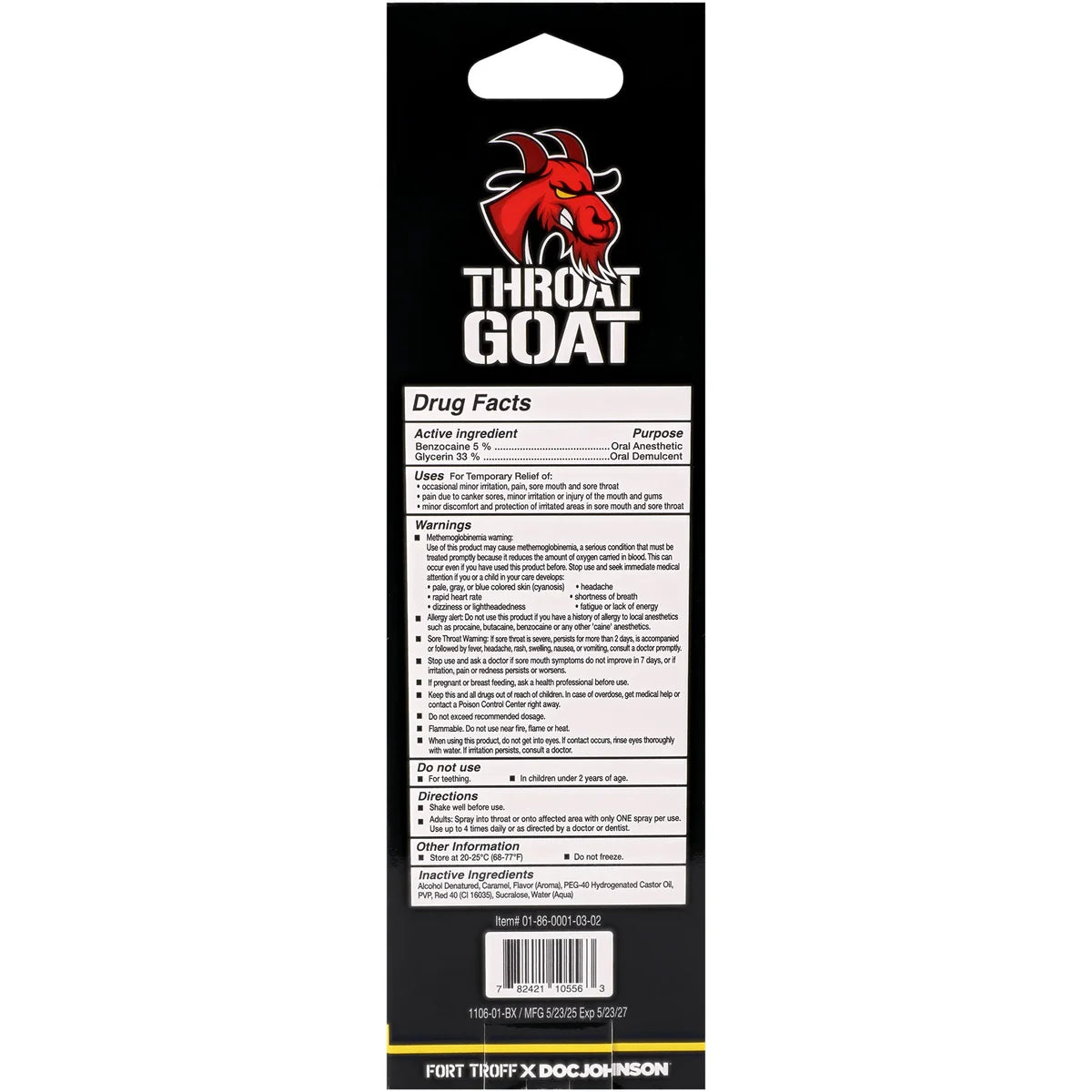 Throat Goat retail box back with drug facts, active ingredients and directions, Fort Troff x Doc Johnson