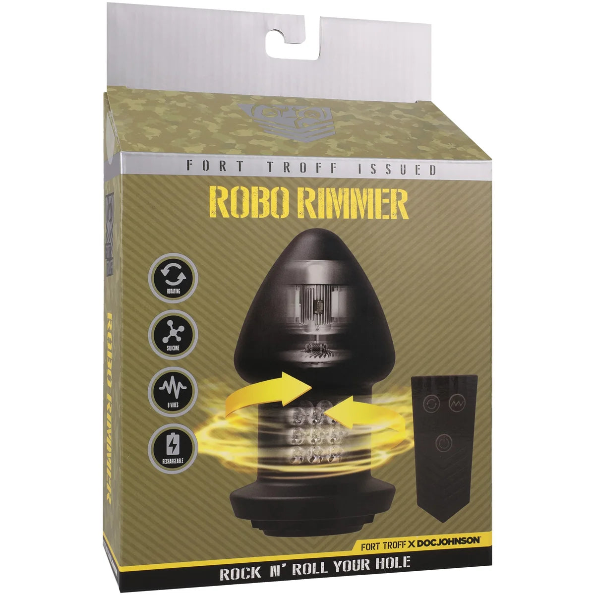 Robo Rimmer in Fort Troff x Doc Johnson retail box, front view with remote pictured