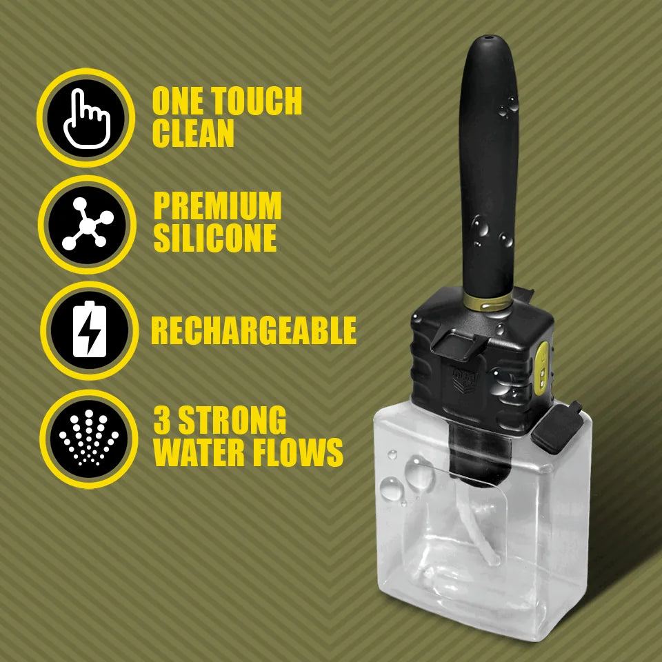 Hydro-Pro feature graphic: one touch clean, premium silicone nozzle, rechargeable, 3 strong water flows, Fort Troff