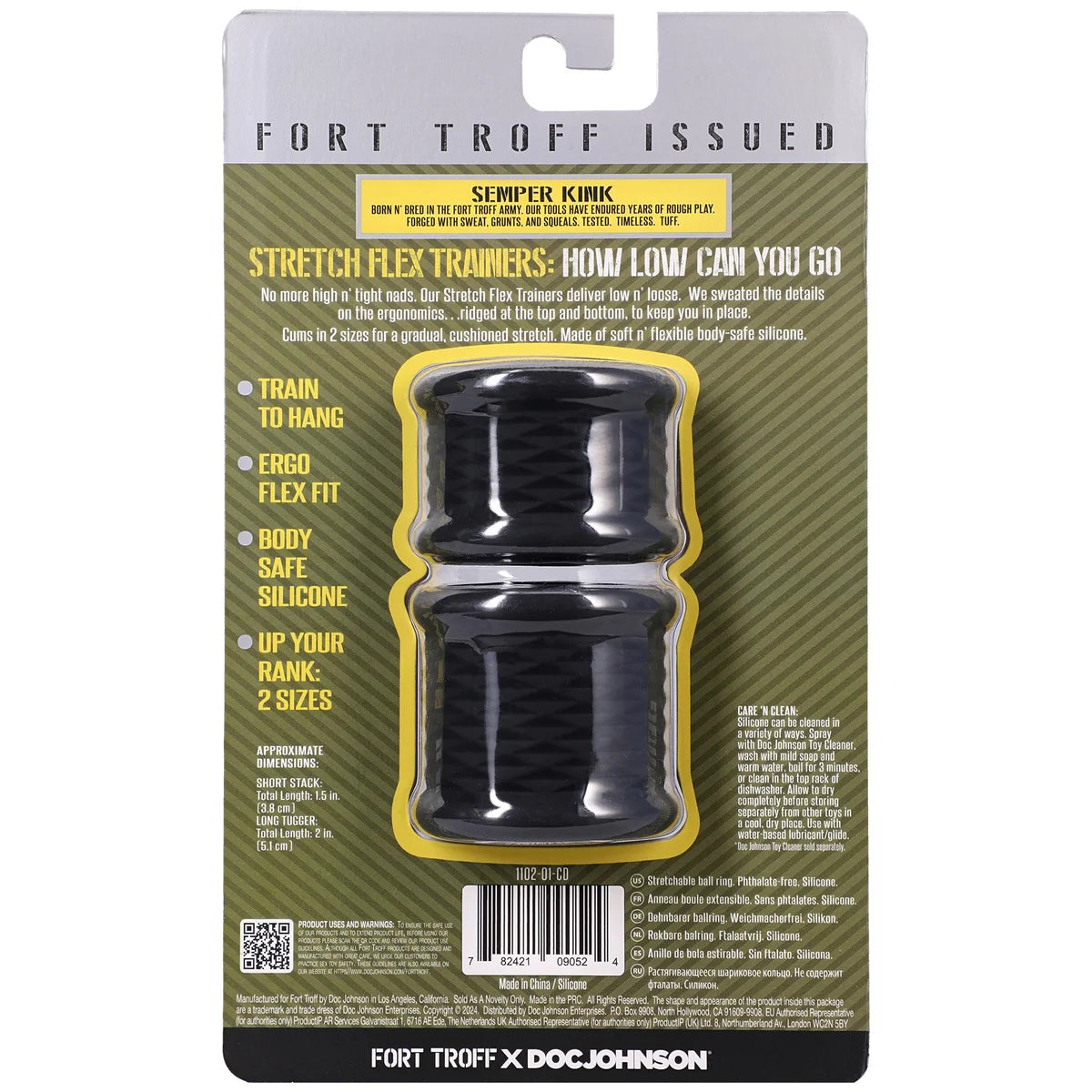 Stretch Flex Trainers retail packaging back with train-to-hang features and sizing, Fort Troff x Doc Johnson