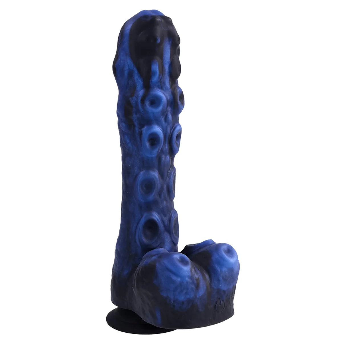 Tendril Thruster Blue tentacle thrusting dildo angled view with suction cup base, Fort Troff