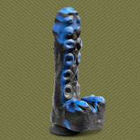 Tendril Thruster Blue mini fuck machine hero shot, blue and black marbled tentacle dildo, Fort Troff