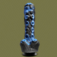 Tendril Thruster Blue tentacle dildo front view showing the sucker texture down the shaft, Fort Troff