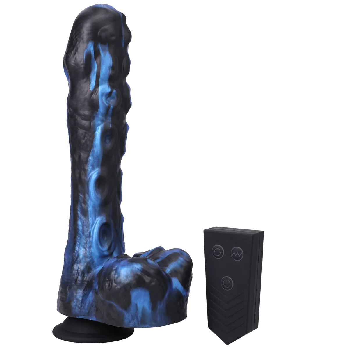 Tendril Thruster Blue thrusting dildo with wireless remote control beside it, Fort Troff