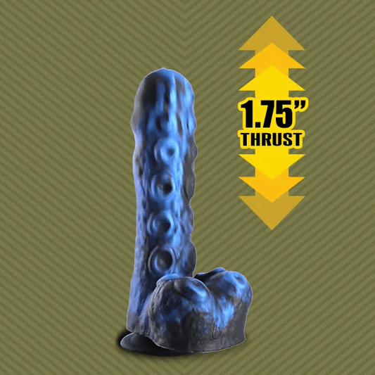 Tendril Thruster blue dildo with 1.75 inch thrust graphic, Fort Troff