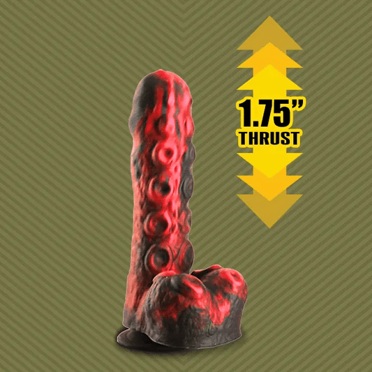 Tendril Thruster red dildo with 1.75 inch thrust graphic, Fort Troff