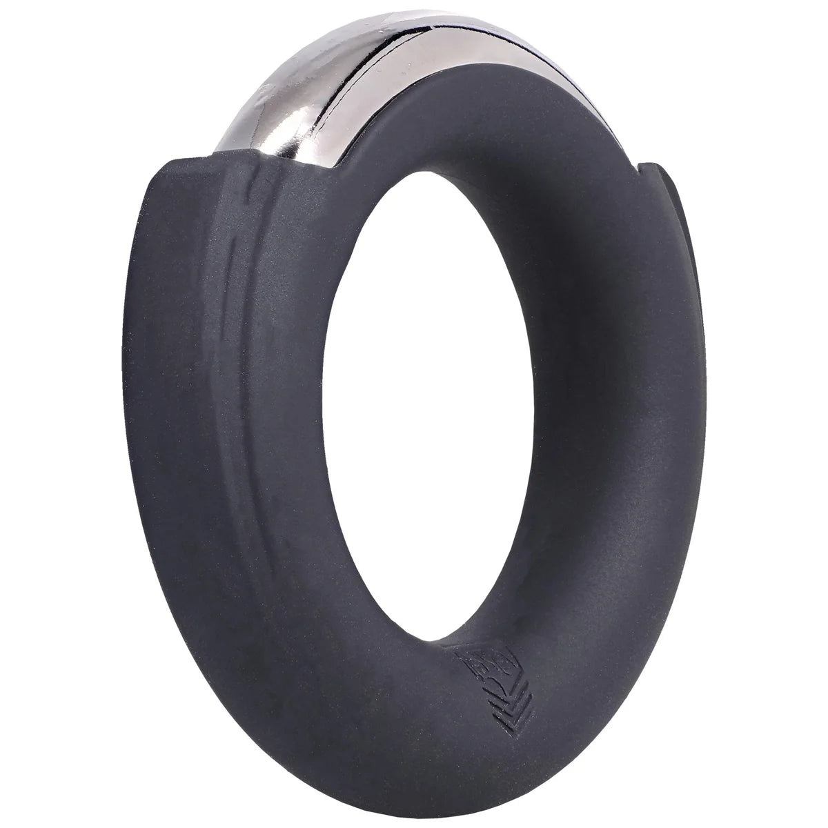 Pinch Zero Ring cock ring angled view showing the chrome arc and shield logo, Fort Troff