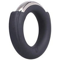 Pinch Zero Ring cock ring angled view showing the chrome arc and shield logo, Fort Troff