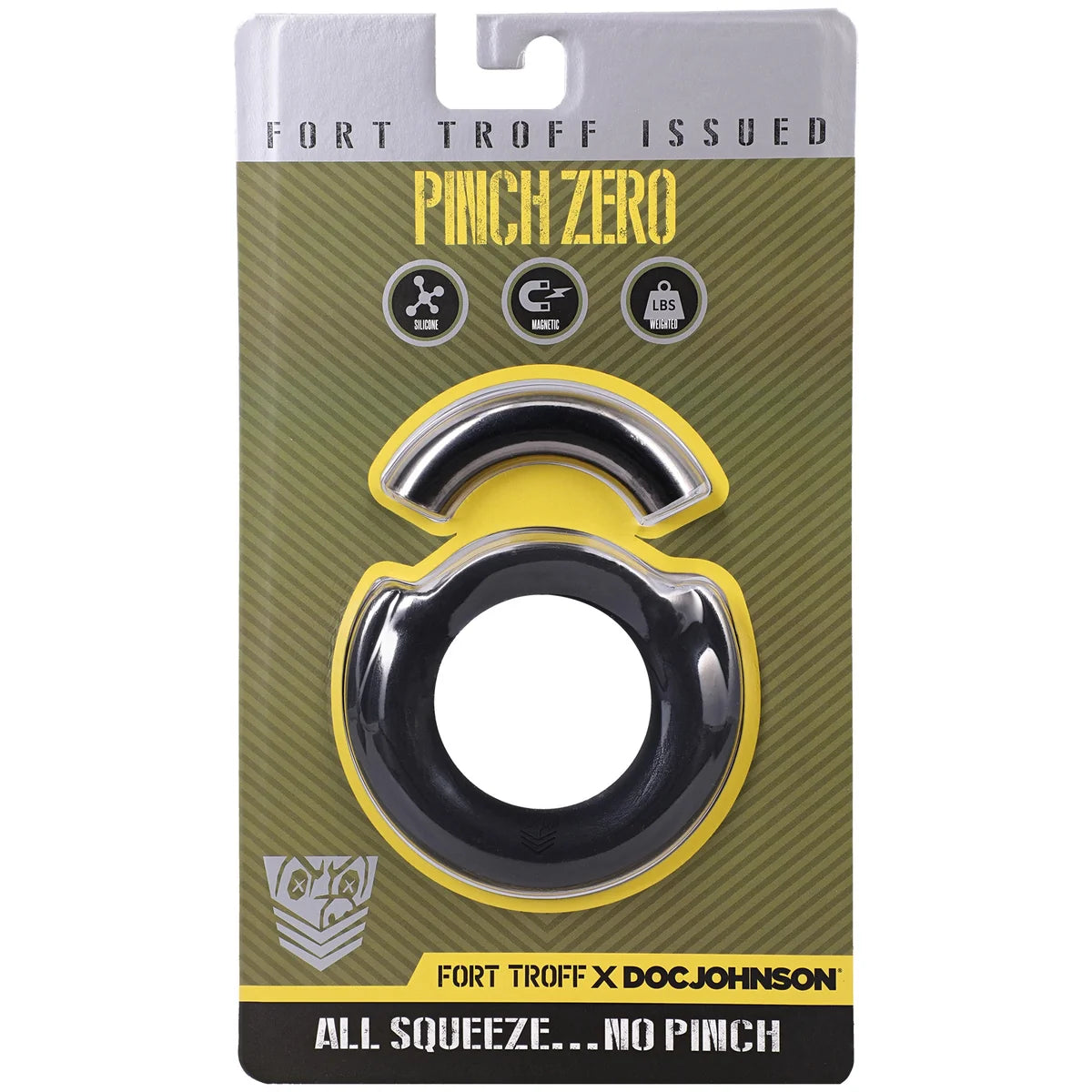 Pinch Zero Ring in Fort Troff x Doc Johnson retail packaging, all squeeze no pinch, front view