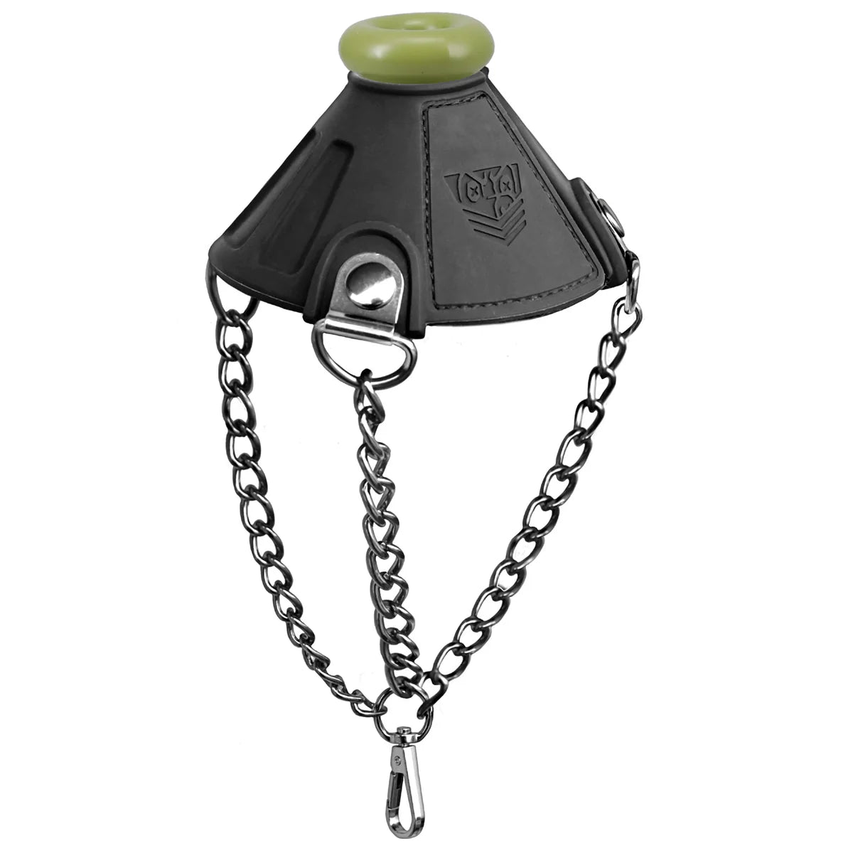 Apex Ball Chute ball parachute angled view showing the olive silicone cone and chains, Fort Troff