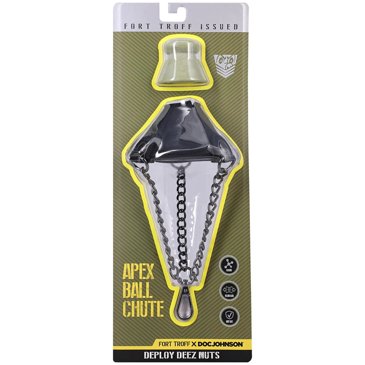 Apex Ball Chute in Fort Troff x Doc Johnson retail packaging, deploy deez nuts, front view