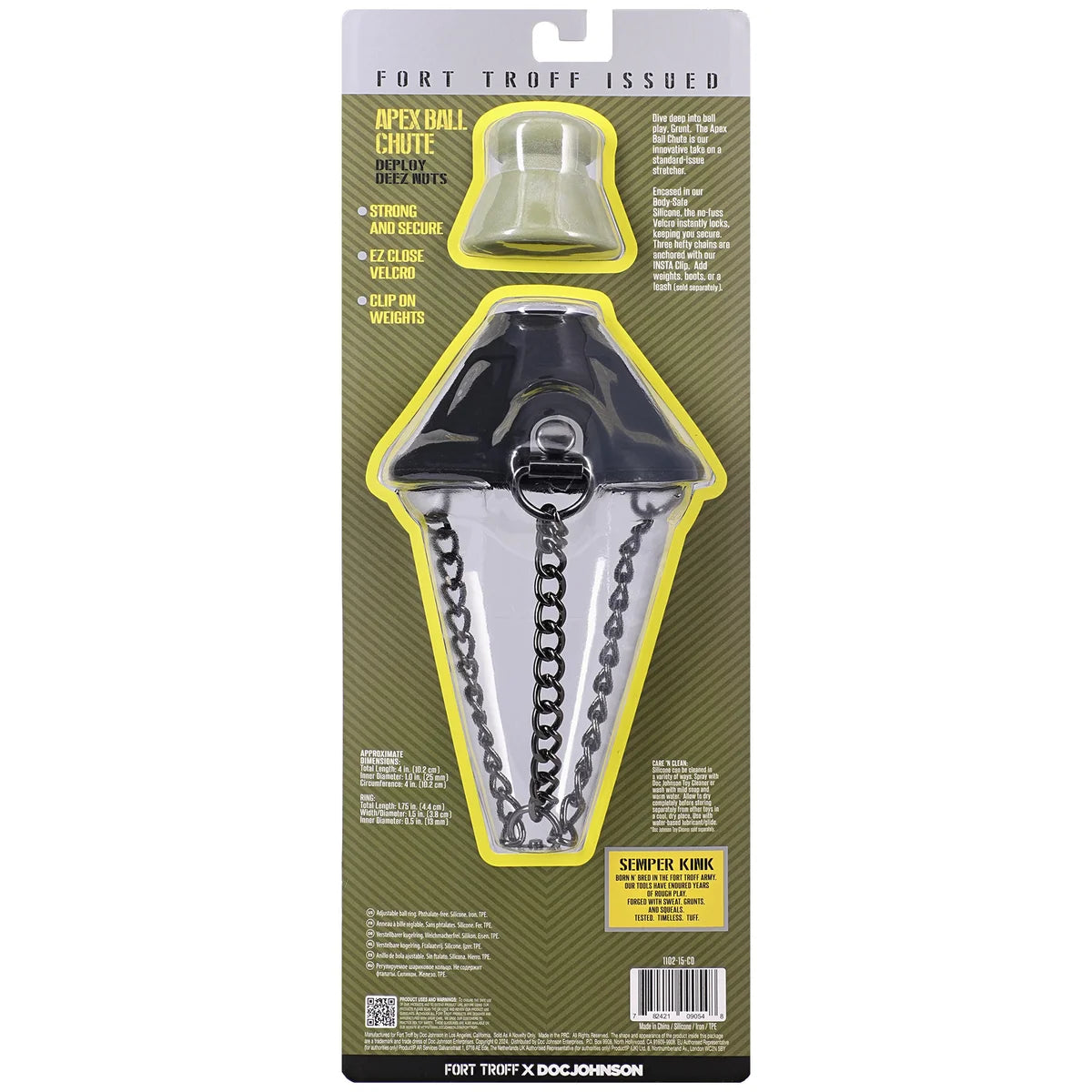 Apex Ball Chute retail packaging back with features, weight-hanging notes and specs, Fort Troff x Doc Johnson