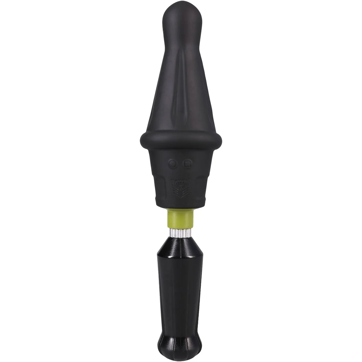 Robo Rammer rotating ridge rimming dong with black handle and olive control band, front view, Fort Troff