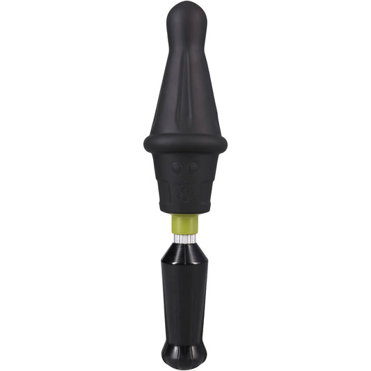 Robo Rammer rotating ridge rimming dong with black handle and olive control band, front view, Fort Troff