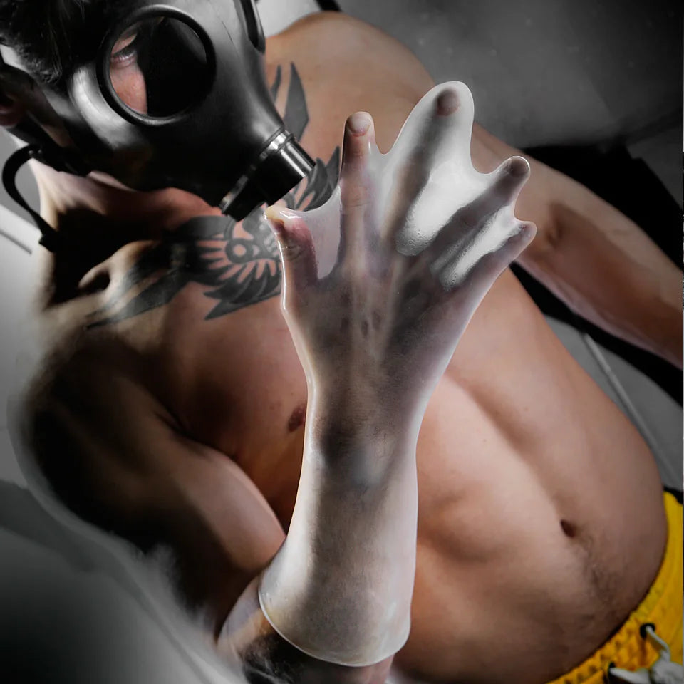 Gas-mask model spreading his fingers inside the FFister Frost sleeve, Fort Troff