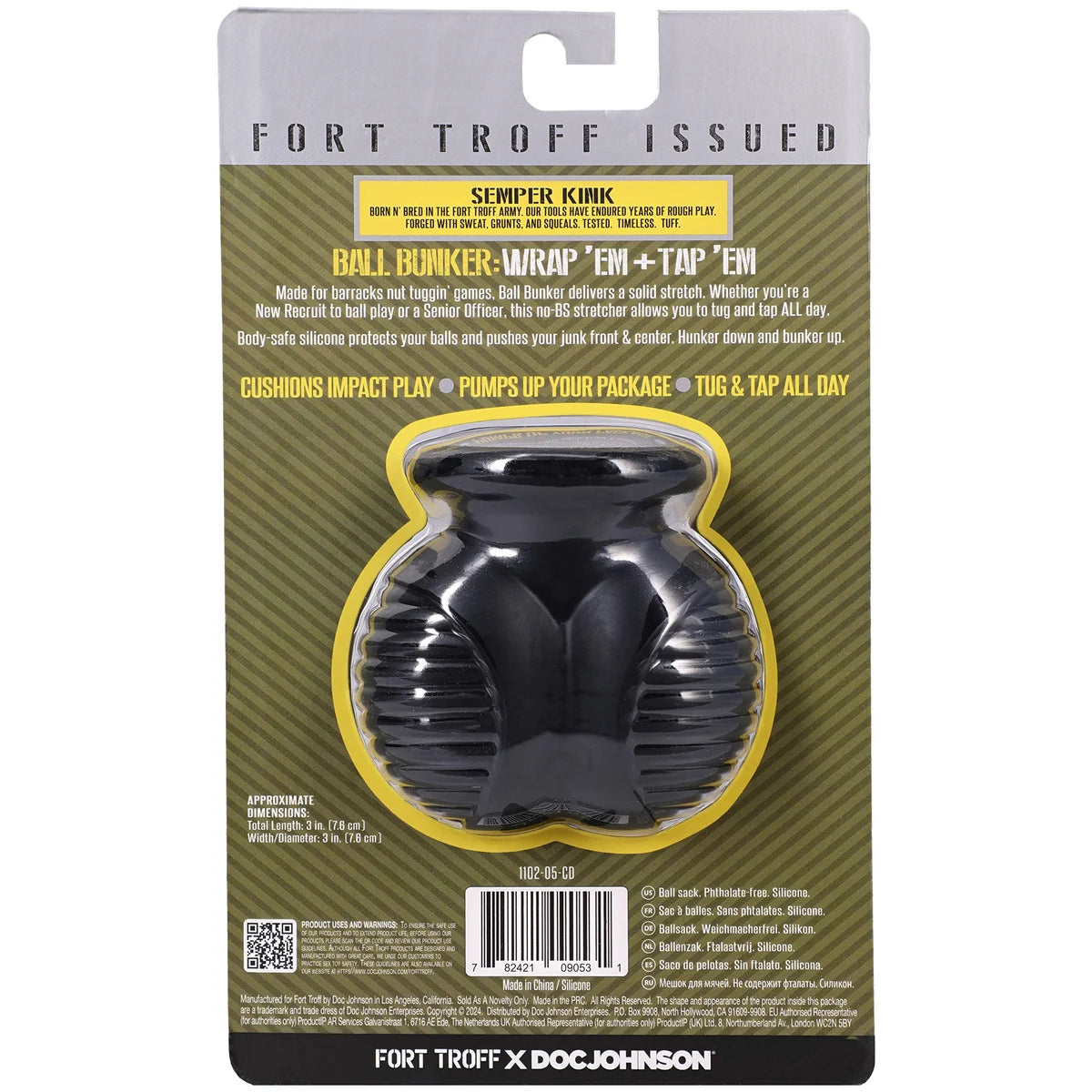 Ball Bunker retail packaging back with cushions impact play and tug-and-tap features, Fort Troff x Doc Johnson