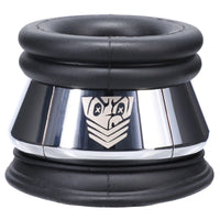 Full Metal Jacket weighted magnetic ball stretcher, black silicone with polished steel band, front view, Fort Troff