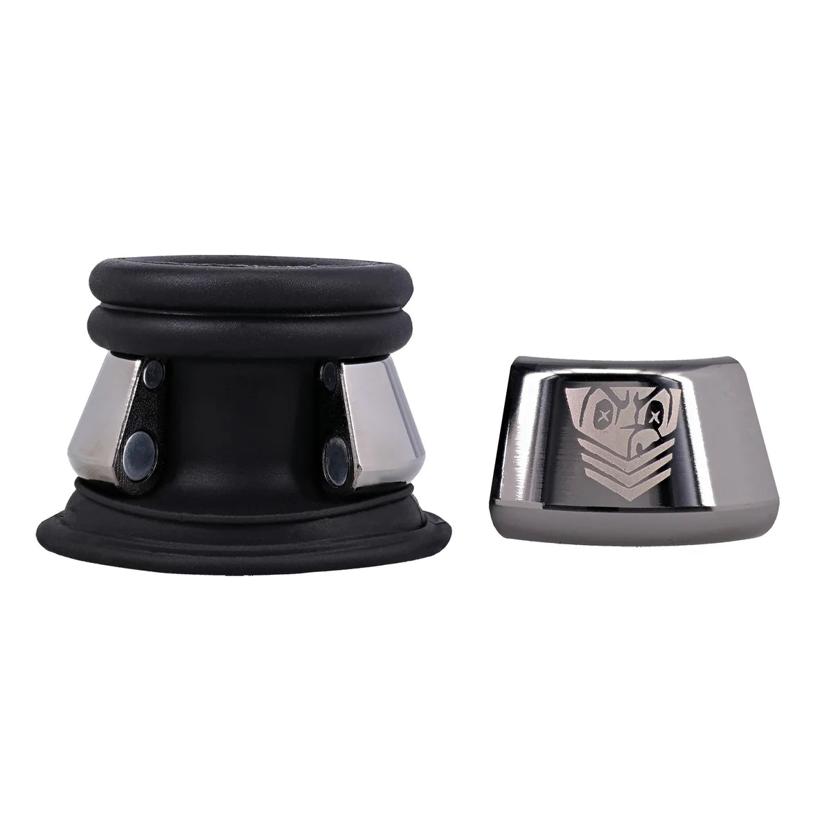 Full Metal Jacket silicone ball stretcher and its magnetic steel jacket shown separately, Fort Troff
