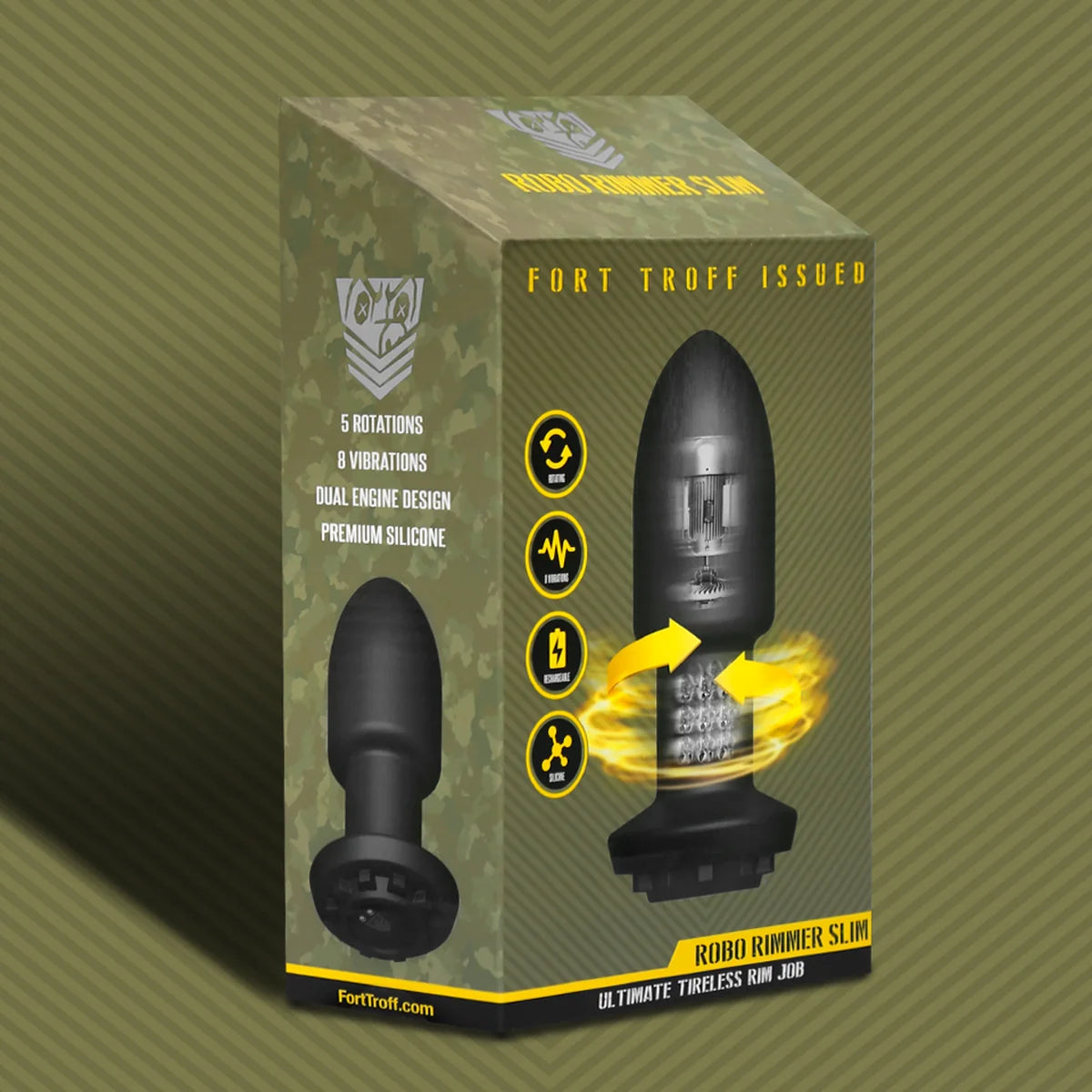 Robo Rimmer Slim in its camo retail box listing 5 rotations, 8 vibrations and dual engine design, Fort Troff