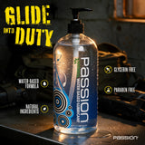 Passion Natural water-based lube 34 oz pump bottle on a workbench, glycerin free and paraben free, Fort Troff