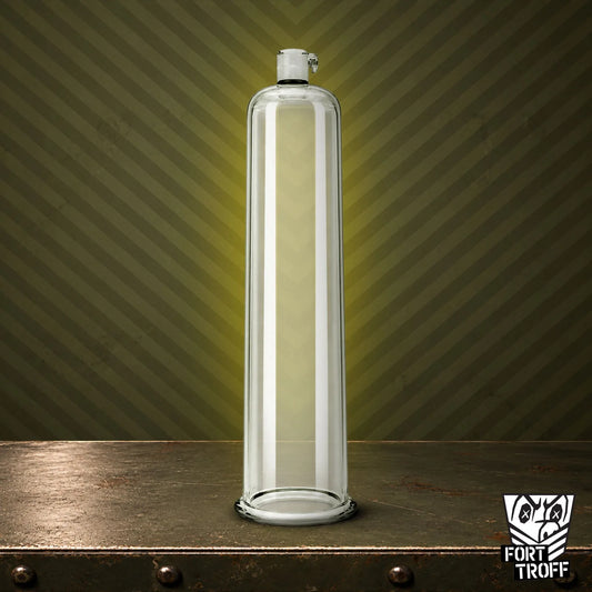 Clear acrylic penis pump cylinder with quick disconnect valve on a steel table, Fort Troff