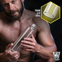 Bearded model holding a premium clear acrylic penis pump cylinder, Fort Troff