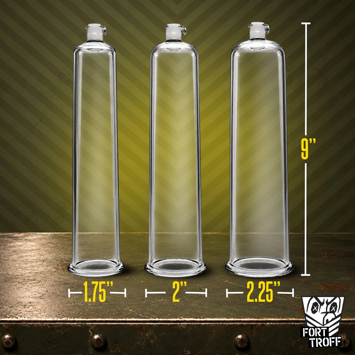 Penis pump cylinders in 1.75, 2 and 2.25 inch diameters, each 9 inches long, Fort Troff